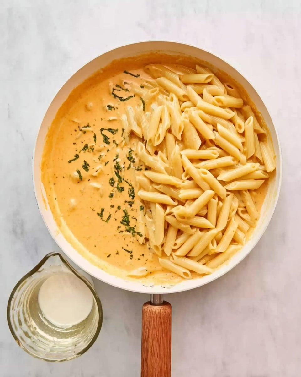 A white pan with a wooden handle contains a layer of creamy orange sauce spread evenly at the bottom, topped with a layer of cooked penne pasta placed mostly on one side of the pan. The sauce has some small green herb pieces scattered on it near the pasta. Next to the pan, a clear glass measuring cup with a white liquid inside sits on a white marbled surface. Photo taken with an iphone --ar 4:5 --v 7