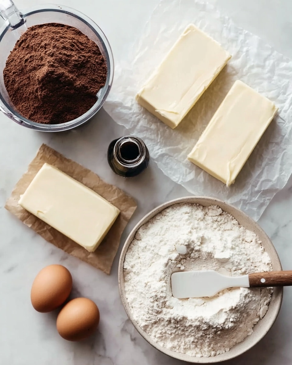 The image shows baking ingredients arranged on a white marbled surface. There is a clear glass blender jar filled with brown cocoa powder on the top left. Below it, an unwrapped stick of cream cheese and two rectangular thick slices of butter rest on white parchment paper. Next to these, a small dark glass bottle, likely vanilla extract, stands open. In the bottom center, a round white bowl contains white flour with a white spatula that has a wooden handle resting inside. Two brown eggs are placed side by side at the bottom left of the scene. The setup is bright and clean, with soft natural light illuminating the textures and colors of the ingredients photo taken with an iphone --ar 4:5 --v 7