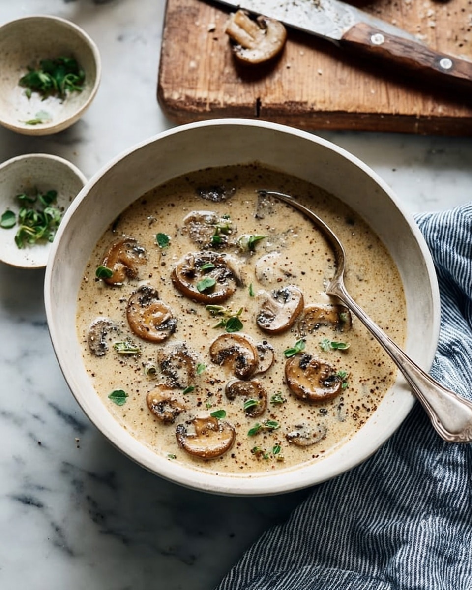 The image shows a bowl filled with creamy mushroom soup. The soup has several sliced cooked mushrooms floating on top, with small green herb leaves scattered around them. The soup looks thick and speckled with black pepper. A silver spoon rests inside the bowl on the right side. The bowl is white with a smooth texture. It sits on a white marbled surface with a blue and white striped cloth next to it. In the background, there is a wooden cutting board with a knife and some small pieces of herbs in two small white bowls nearby. Photo taken with an iphone --ar 4:5 --v 7