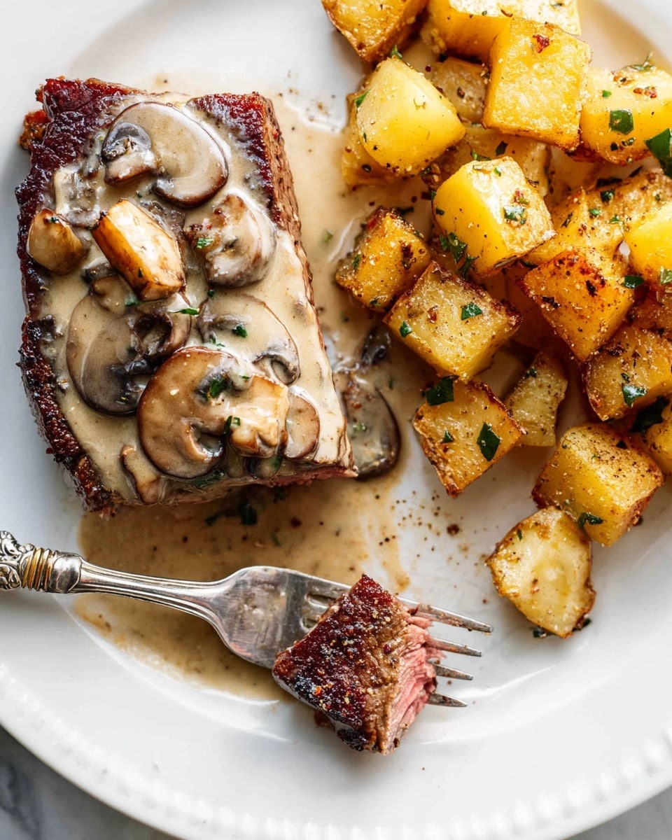 The image shows a plate with two main parts: on the left side, there is a cooked steak topped with a creamy sauce full of sliced mushrooms, the steak has a dark brown seared crust and looks juicy inside. On the right side of the plate, there are golden-brown roasted potato pieces with some herb sprinkles giving green touches, they have crispy edges and soft centers. The plate is white and sits on a white marbled surface. A silver fork rests near the bottom left edge of the plate, close to the steak. The lighting highlights the textures and colors of the food well. photo taken with an iphone --ar 4:5 --v 7