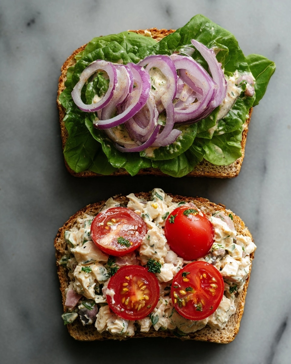 This image shows two open sandwiches on a white marbled surface. The top sandwich has one slice of grainy bread as the base, topped with fresh green leafy lettuce, drizzled with a light creamy sauce, and layered with several rings of purple-red onion unevenly placed on top. The bottom sandwich also has one slice of grainy bread, covered with a chunky creamy salad mix that looks like small pieces of chicken or egg mixed with herbs, topped with halved bright red cherry tomatoes spread evenly across. The image focuses closely on the sandwiches, showing the textures of the ingredients clearly, with soft natural lighting and a clean layout. Photo taken with an iphone --ar 4:5 --v 7