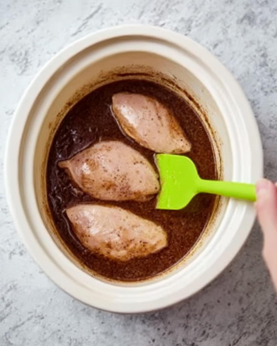The image shows a white crockpot with three pieces of light pink chicken sitting in a dark brown sauce. A green silicone spatula is gently lifting one piece of chicken from the sauce, with a woman's hand holding the spatula. The crockpot is placed on a white marbled surface, and the chicken pieces appear smooth and cooked but still moist. The sauce looks thick and rich, surrounding the chicken evenly. Photo taken with an iphone --ar 4:5 --v 7