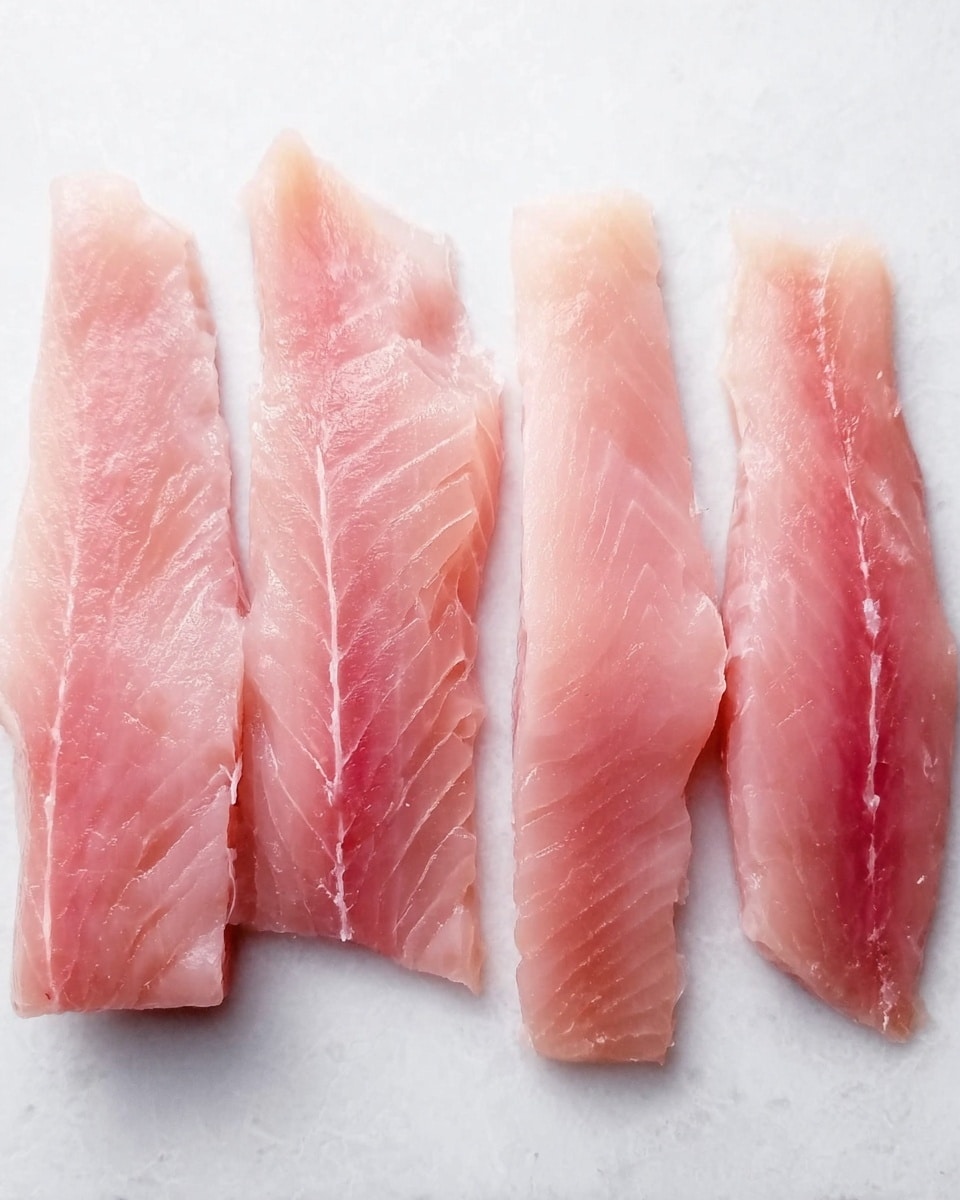 The image shows four pieces of raw, light pink fish fillets arranged side by side on a flat white marbled surface. Each fillet varies slightly in size and shape, with smooth, slightly shiny textures and fine lines visible on the fish. The fillets have a natural translucent look, with some parts appearing a bit thicker and others thinner, all resting flat and separated evenly. The image is clear and bright, focusing closely on the fresh fish pieces. photo taken with an iphone --ar 4:5 --v 7