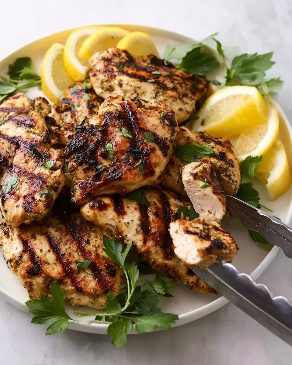 The image shows a white plate filled with grilled chicken pieces that have clear brown grill marks and a slightly crispy texture. There are fresh green herb leaves scattered on top of the chicken, adding a touch of color. On the back side of the plate, there are bright yellow lemon wedges arranged in groups, resting on the chicken. A pair of metal tongs is shown in the lower right corner, holding one piece of chicken. The background and surface are white marble, creating a clean and simple look. photo taken with an iphone --ar 4:5 --v 7