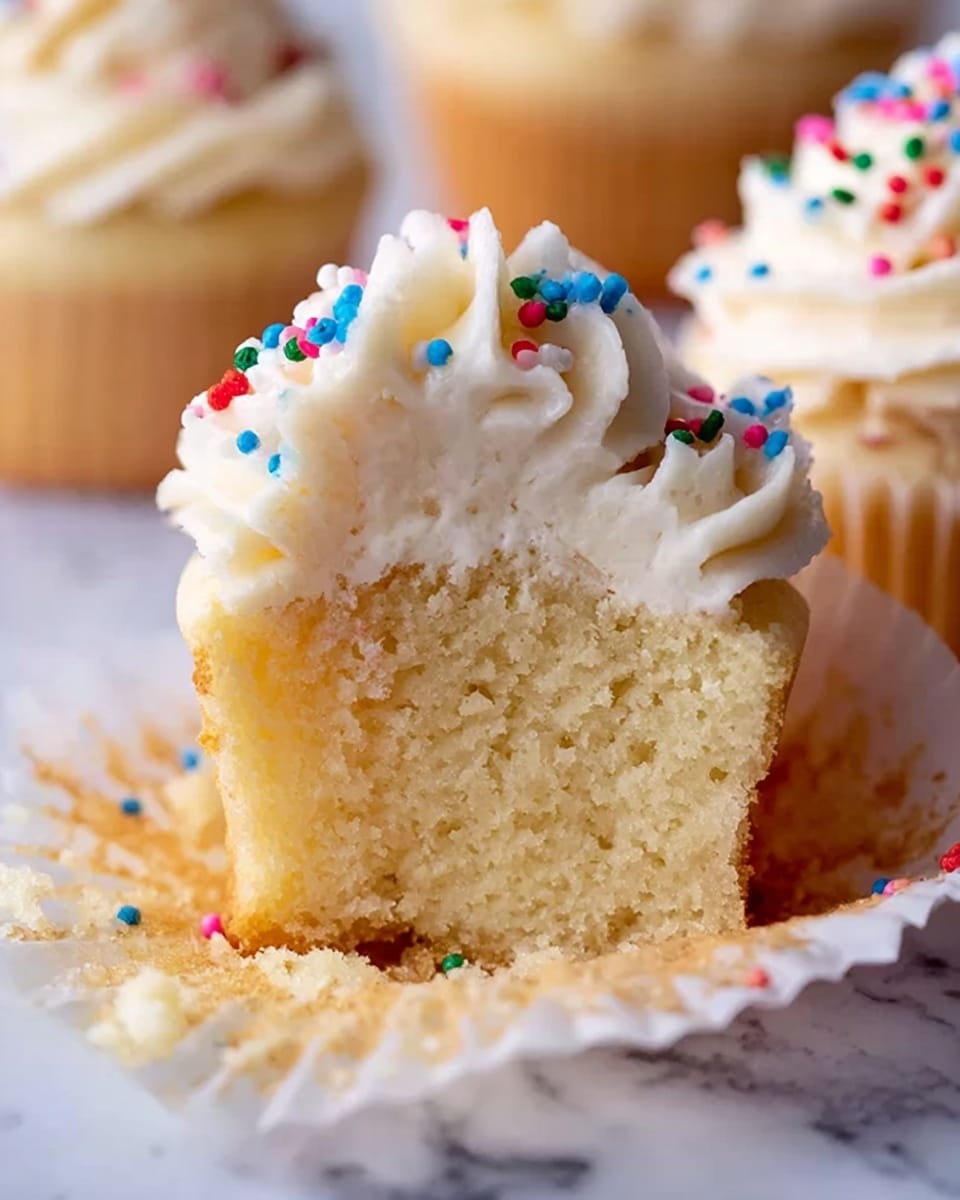 The image shows a close-up of a single cupcake with two layers: the bottom layer is a light golden-yellow cake with a soft, fluffy texture, and the top layer is a thick swirl of creamy white frosting decorated with small, round, colorful sprinkles in red, blue, green, and pink. The cupcake wrapper is white and partially peeled back, revealing the soft cake. In the background, there are other cupcakes with the same white frosting and sprinkles, sitting on a white marbled surface. photo taken with an iphone --ar 4:5 --v 7