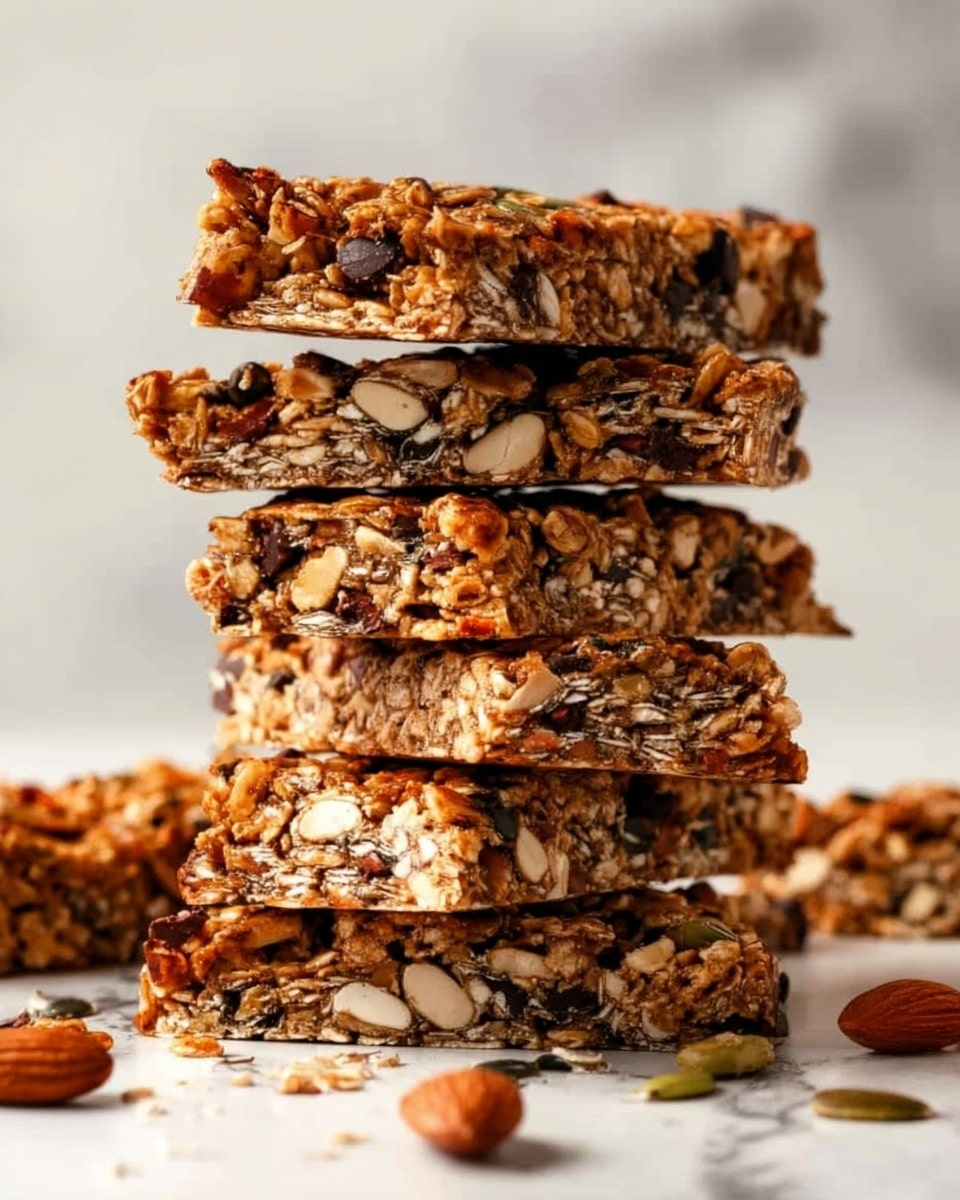 A stack of seven thick granola bars is shown in the image, each bar having a rough texture filled with visible whole almonds, oats, sunflower seeds, and small chocolate chips. The bars are layered unevenly, with some slightly leaning to the side, and a few loose seeds and nuts scattered around the base on a white marbled surface. The top granola bar has a rich golden-brown color, showing a sticky, nutty mix that holds the ingredients together. The background is softly blurred, highlighting the bars' crunchy details. Photo taken with an iphone --ar 4:5 --v 7