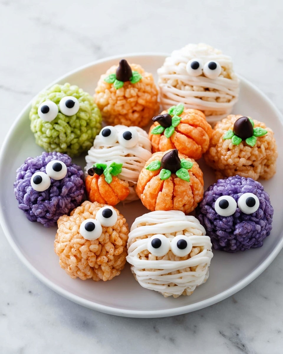 The image shows small round pumpkin-shaped treats made from orange-colored crispy rice cereal mixed into balls, each with a textured surface. On top of each ball, there is a single dark brown chocolate chip and a small green candy placed side by side to look like the pumpkin's stem. These pumpkin treats are arranged closely together on a white plate, which sits on a white marbled surface. The photo is clear and brightly lit, focusing on the texture and colors of the treats. photo taken with an iphone --ar 4:5 --v 7