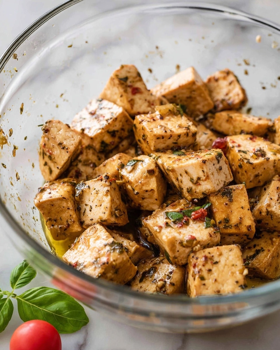 The image shows a clear glass bowl filled with medium-sized, golden-brown chunks of tofu. The tofu pieces are coated with a mix of oil and herbs, giving them a glossy texture with green and black specks of seasoning. The bowl sits on a white marbled surface with a small red cherry tomato and a few fresh green basil leaves partially visible near the bottom edge. The lighting highlights the moist and well-marinated texture of the tofu pieces. photo taken with an iphone --ar 4:5 --v 7