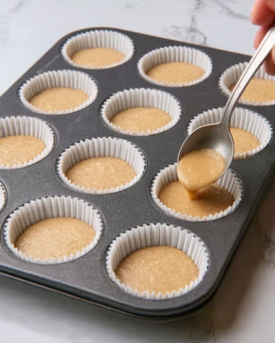 A close-up view of a dark gray muffin tray holding twelve white paper liners filled with light brown batter. A woman's hand holding a metallic spoon is gently pouring more batter into one of the paper liners. The tray is placed on a white marbled textured surface, and the batter has a smooth and slightly thick texture inside each liner. Photo taken with an iphone --ar 4:5 --v 7