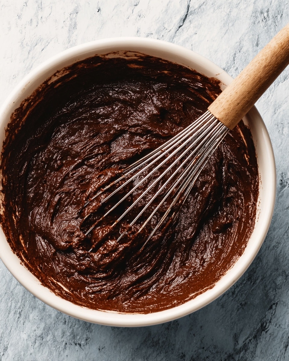 A close-up view of a white bowl filled with thick, dark brown chocolate batter showing a rich, slightly lumpy texture. A whisk with a wooden handle is resting inside the bowl, coated in the same dark chocolate mixture. The background surface has a white marbled look, giving a clean, bright contrast to the deep brown batter. Photo taken with an iphone --ar 4:5 --v 7