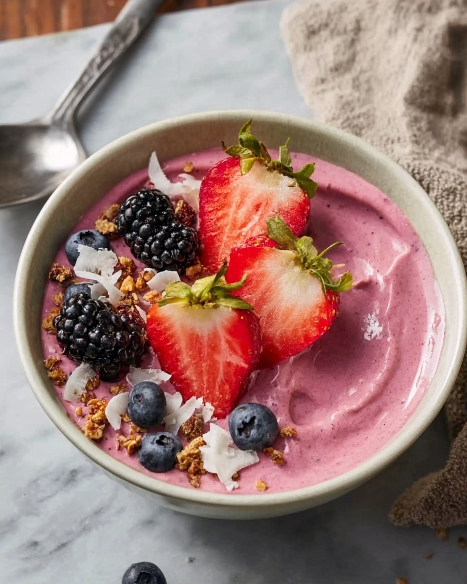 A white bowl filled with smooth, thick, pink smoothie. On top, there are three sliced strawberries with green tops facing up, three whole blackberries, and three blueberries scattered around. Small pieces of crunchy granola and white coconut flakes are sprinkled over the smoothie. The bowl sits on a white marbled surface with part of a metal spoon and a beige cloth nearby. Photo taken with an iphone --ar 4:5 --v 7