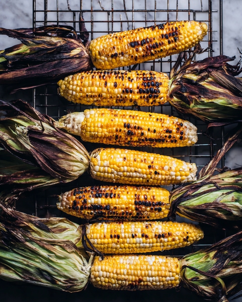 The image shows eight grilled corn on the cobs arranged parallel on a grill rack over a white marbled surface. Each corn cob has a layer of golden yellow and white kernels with a charred brown and blackened texture from grilling. The husks are pulled back but still attached and tied into a bundle, showing dark brown and green dried leaves with some parts lightly burnt. The lighting highlights the shiny, moist look of the kernels and the rough char marks on both the kernels and husks. photo taken with an iphone --ar 4:5 --v 7