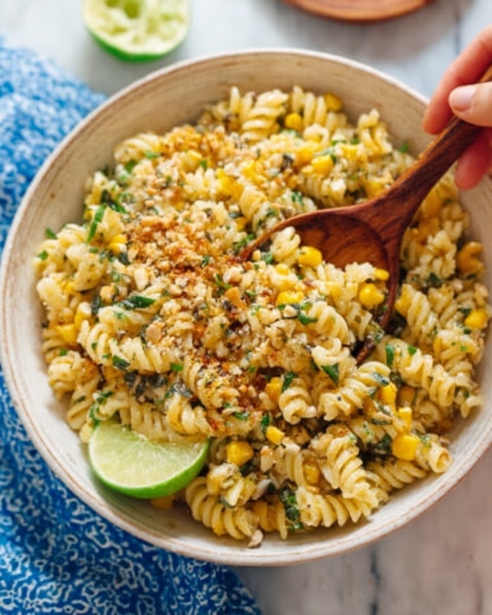A close-up view of a dish served in a shallow white bowl filled with three main layers: the base layer consists of macaroni pasta coated in a creamy off-white sauce with a smooth texture, mixed evenly with yellow grilled corn kernels that show slight charring. The middle layer has small green cilantro leaves scattered throughout, adding a fresh green color. The top layer is sprinkled with crumbly white cheese, creating a contrast with the creamy pasta and vibrant corn. The bowl is placed on a white marbled texture background, with the edge of the bowl visible on the left side. Photo taken with an iphone --ar 4:5 --v 7