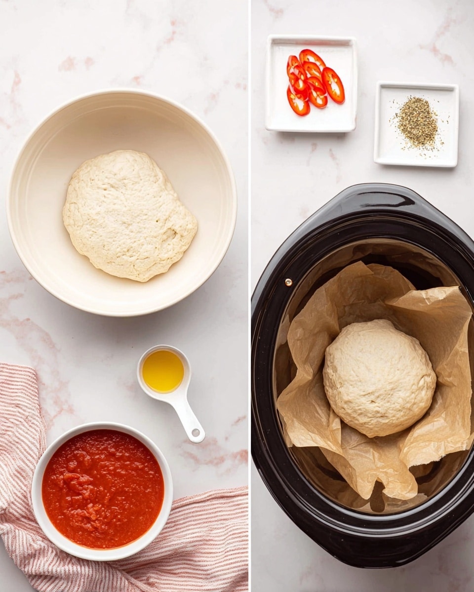 The image shows two parts: on the left, there is a white bowl with a round ball of dough that looks soft and slightly lumpy, placed on a white marbled surface. Above the bowl, a small white square dish holds several red pepper slices, and to the right of the bowl, there is another small white square dish with light brown dried herbs. A white measuring spoon with a small amount of yellow oil rests near the bowl. On the right side, there is a black slow cooker lined with brown parchment paper holding the same dough ball in the middle. Next to the slow cooker on the white marbled surface, there is a small white bowl filled with bright red sauce and the same white square dish with red pepper slices above it. A light pink and white striped cloth napkin peeks out from under the slow cooker. Photo taken with an iphone --ar 4:5 --v 7