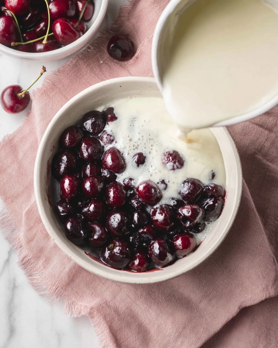 A white bowl filled with a layer of dark red cherries, shiny and round, covering most of the surface except one side where a creamy white sauce is being poured over them. The bowl is placed on a soft pink cloth, which is on a white marbled surface. In the top left corner, part of another white bowl with cherries inside is visible, along with a few loose cherries around it. The creamy sauce has a smooth and slightly frothy texture as it spreads over the cherries, creating a contrast between the dark red and white layers. photo taken with an iphone --ar 4:5 --v 7