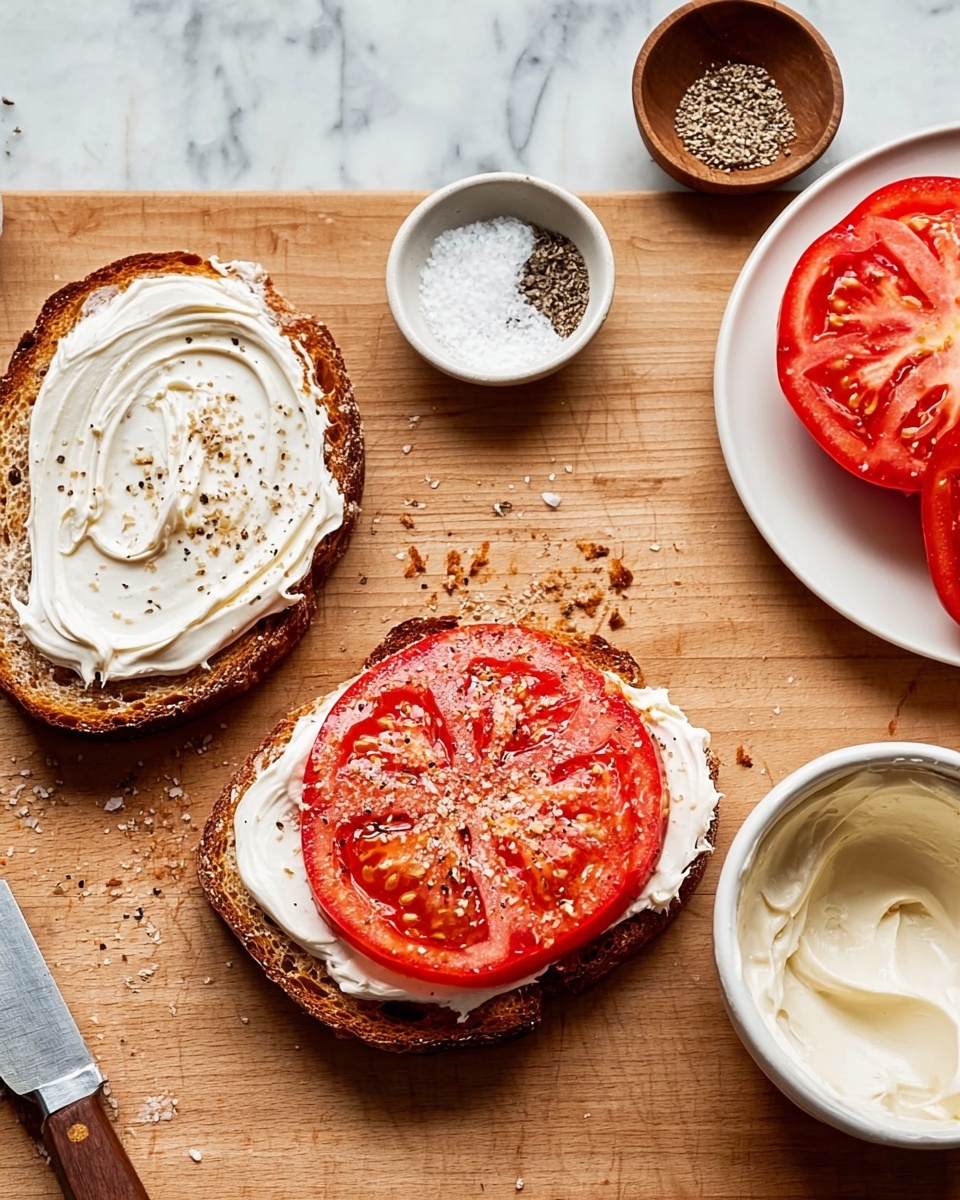 Two pieces of toasted bread lie on a wooden surface with crumbs around. The piece on the left shows a smooth, creamy white spread swirled across its toasted brown surface. The piece on the right is topped with a thick, juicy red tomato slice, sprinkled with coarse black pepper and salt crystals. Nearby, a white plate holds another bright red tomato slice, while a small white bowl contains coarse white salt and a wooden bowl holds ground black pepper. A small white bowl of creamy spread has a knife resting on it, with some spread on the knife blade. The background is replaced with a white marbled texture. photo taken with an iphone --ar 4:5 --v 7