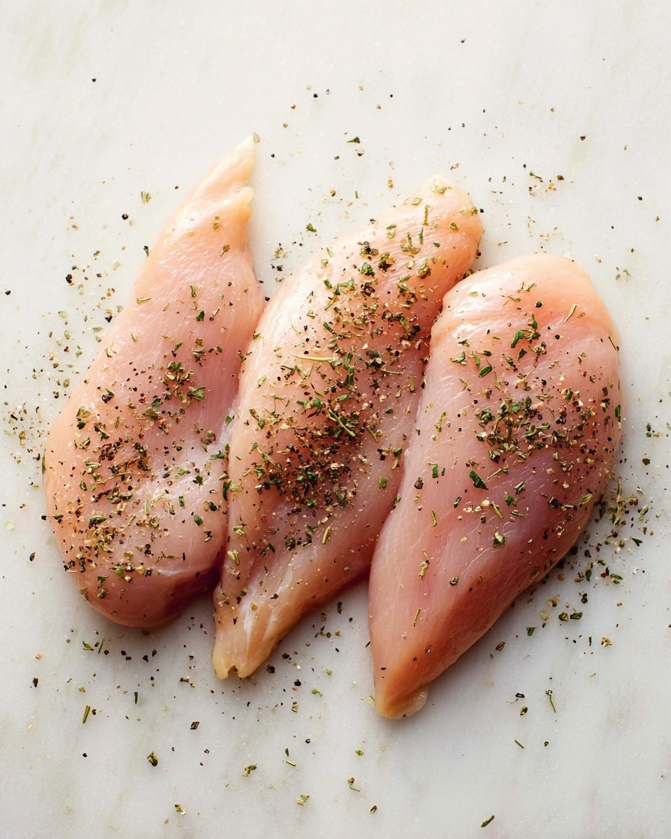 Three raw chicken fillets are placed side by side on a white marbled surface. Each fillet is light pink with a smooth, slightly glossy texture. They are sprinkled evenly with dried herbs and cracked black pepper, giving small dark green and black specks across the pale meat. The pieces have a tapered shape, with one end thicker and rounder, and the other end thinner and pointed. Small loose bits of seasoning surround the fillets on the marbled surface. photo taken with an iphone --ar 4:5 --v 7