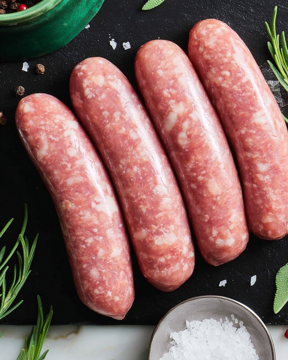 Four raw sausages are placed in a neat row on a black surface. The sausages have a pale pink color with white fat spots inside, giving them a textured look. Around the sausages, there are green herb sprigs positioned on the left side near the bottom and top edges. On the right side, there is a small silver bowl filled with coarse white salt, and above it partly visible is a green container. The whole setup is on a white marbled texture. photo taken with an iphone --ar 4:5 --v 7