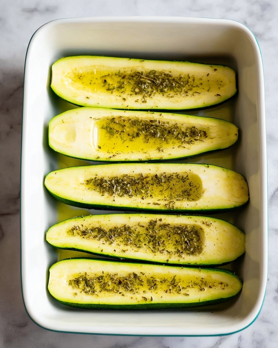 The dish shows five zucchini halves placed side by side inside a white baking dish. Each zucchini half is hollowed out in the center with a pale yellow flesh inside, sprinkled with dark dried herbs and seasoning evenly spread across the inner surface. The green outer skin of the zucchini forms a fresh border around the yellow flesh. The baking dish rests on a white marbled surface, and the overall look is clean and fresh. Photo taken with an iphone --ar 4:5 --v 7