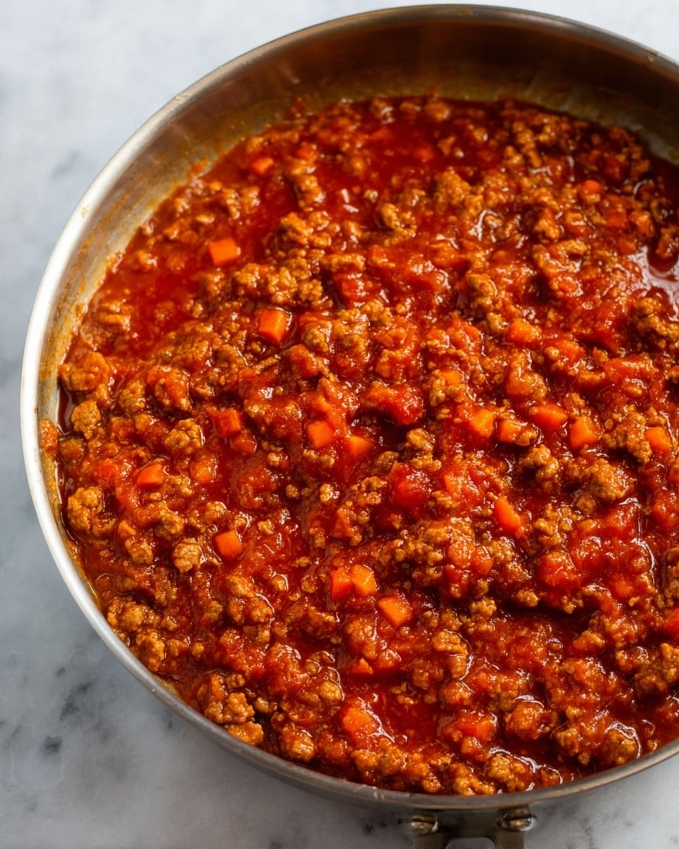 A close-up view of a large metal pan filled with a thick sauce made of finely chopped cooked meat and diced carrots, all covered in a rich, shiny red tomato-based sauce. The sauce looks chunky and moist with small pieces of vegetables mixed evenly throughout the meat. The pan sits on a white marbled surface, showing the vibrant red and brown colors of the dish clearly. photo taken with an iphone --ar 4:5 --v 7