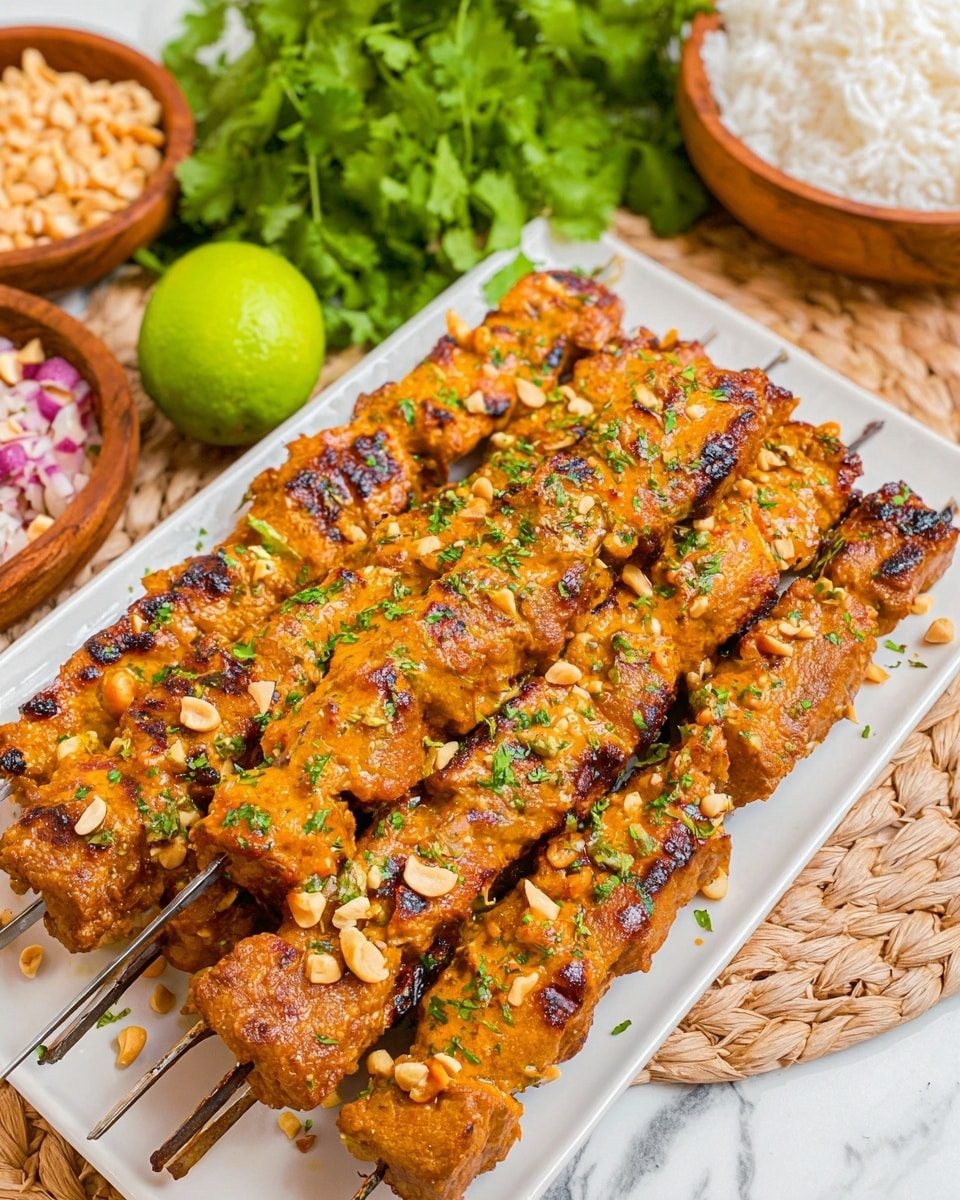 The image shows eight skewers of grilled meat with an orange glaze, arranged in two rows on a white rectangular plate. The meat is thickly cut into chunks with grill marks and sprinkled with chopped green herbs and crushed nuts. In the background, there is a whole green lime near fresh green cilantro leaves. To the top left, a small wooden bowl is filled with crushed nuts, and to the right edge, another wooden bowl with white rice is partly visible. The dish is placed on a woven mat over a white marbled surface. Photo taken with an iphone --ar 4:5 --v 7