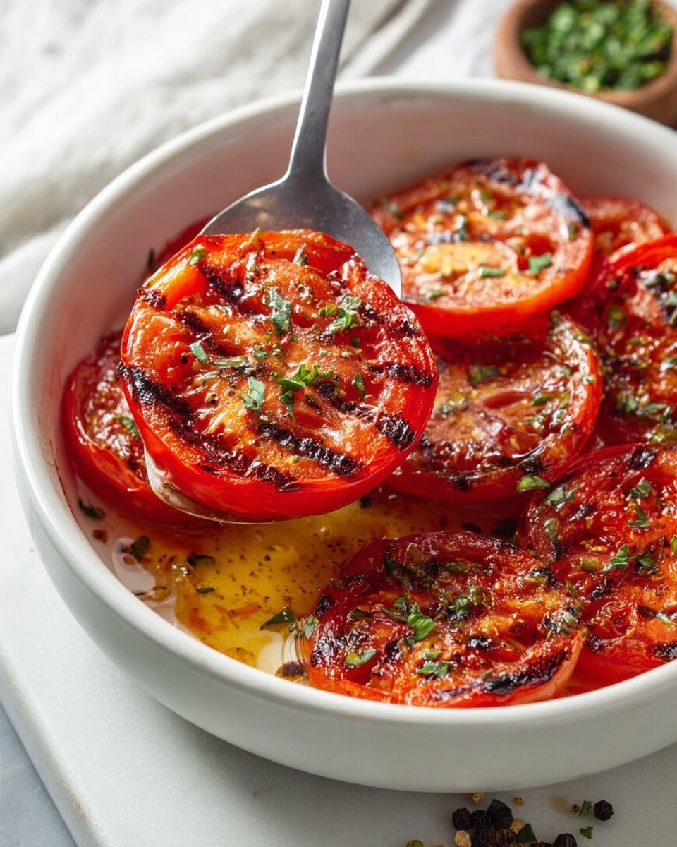 A white bowl holds several round tomato slices with charred grill marks on their shiny red skin, each topped with small bits of green herbs and a slight glistening of oil. A silver spatula lifts one tomato slice, showing its textured, slightly wrinkled surface and juicy inside with some blackened spots from grilling. The white marbled surface under the bowl is visible with a few scattered black peppercorns near it, and there is some blurred green garnish in the background. Photo taken with an iphone --ar 4:5 --v 7