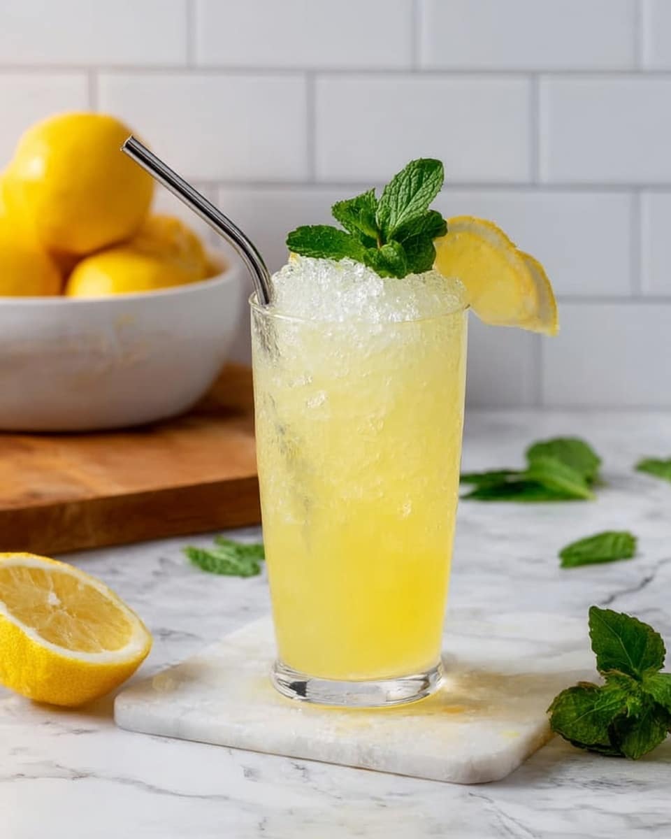 A clear tall glass filled with light yellow lemonade and crushed ice fills the glass fully, with the top layer showing soft crushed ice texture. A bright green mint sprig and a wedge of lemon are placed on the rim of the glass. A steel straw leans against the rim and dips into the drink. The glass sits on a white marble surface with a few lemon wedges and scattered green mint leaves around it. In the background, there is a white bowl with whole yellow lemons and a wooden board against a white tiled wall. photo taken with an iphone --ar 4:5 --v 7