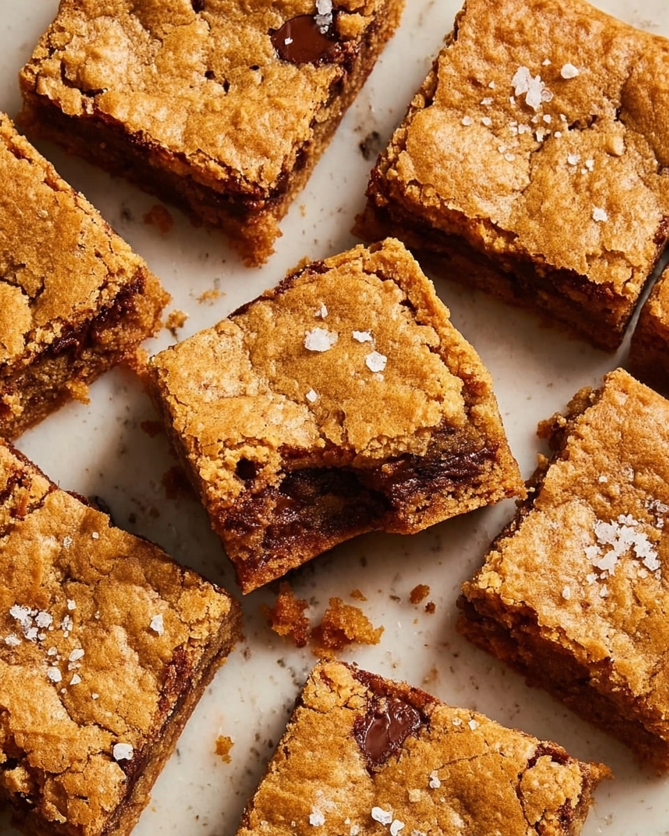 The image shows several square-shaped blondies arranged on a white marbled surface. Each blondie has a golden-brown top layer with a cracked texture sprinkled lightly with coarse salt. The interior is soft and dense with a mix of darker chocolate chunks and lighter brown pieces spread unevenly inside. One blondie is broken near the center, revealing the dense, chewy inside and showing the pockets of melted chocolate. The overall look is warm and inviting with an uneven, homemade appearance. photo taken with an iphone --ar 4:5 --v 7