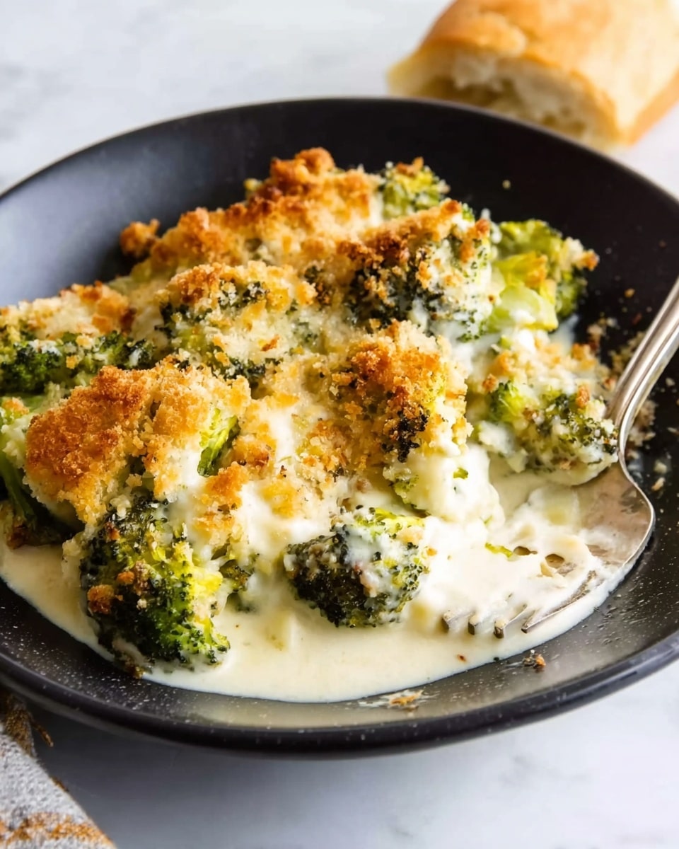 A black plate holds a serving of creamy broccoli casserole with a golden brown crispy topping. The broccoli pieces are partially covered in a smooth white creamy cheese sauce, with some parts showing a toasted, crunchy texture on top. A silver fork is placed on the side of the plate, resting on the creamy mixture. In the background, a piece of bread is slightly visible on a white marbled surface. photo taken with an iphone --ar 4:5 --v 7