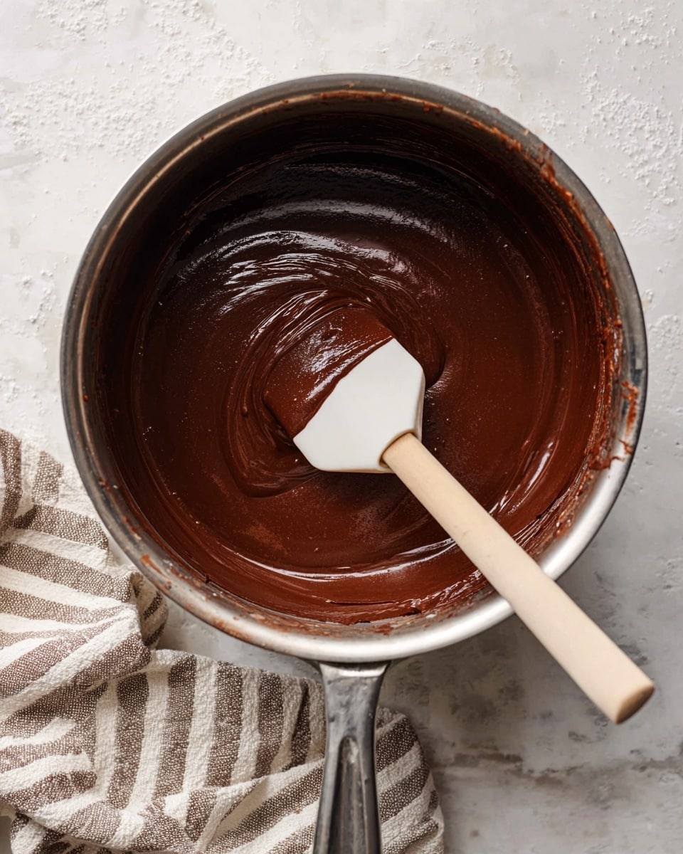 A metal pot filled with smooth, thick dark brown chocolate batter that has a shiny, creamy texture. A white spatula is dipped into the batter, partially covered in the chocolate mixture. The pot rests on a surface with a white marbled texture, and a striped cloth with beige and gray tones is partially visible in the bottom left corner. Photo taken with an iphone --ar 4:5 --v 7