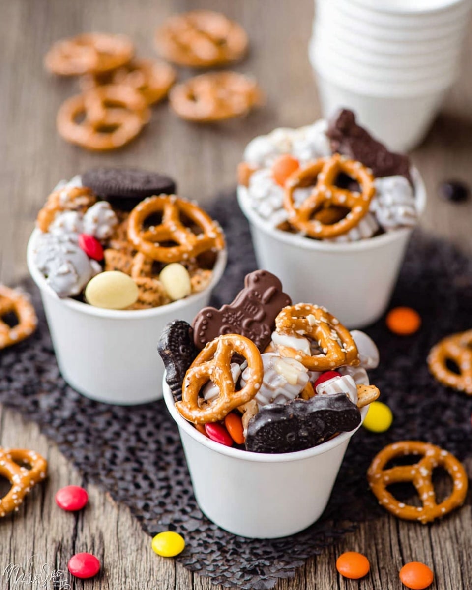 Three white paper cups filled with a mix of small pretzels, white chocolate covered pretzels, light yellow mini cookies, dark brown chocolate pieces shaped like bears, and small colorful candy bits. Each cup shows the mix layered loosely with pretzels mostly on top, some cookies and chocolates scattered below and around. The cups are placed on a wood surface with scattered candy pieces around. In the background, there are extra empty white paper cups stacked. photo taken with an iphone --ar 4:5 --v 7