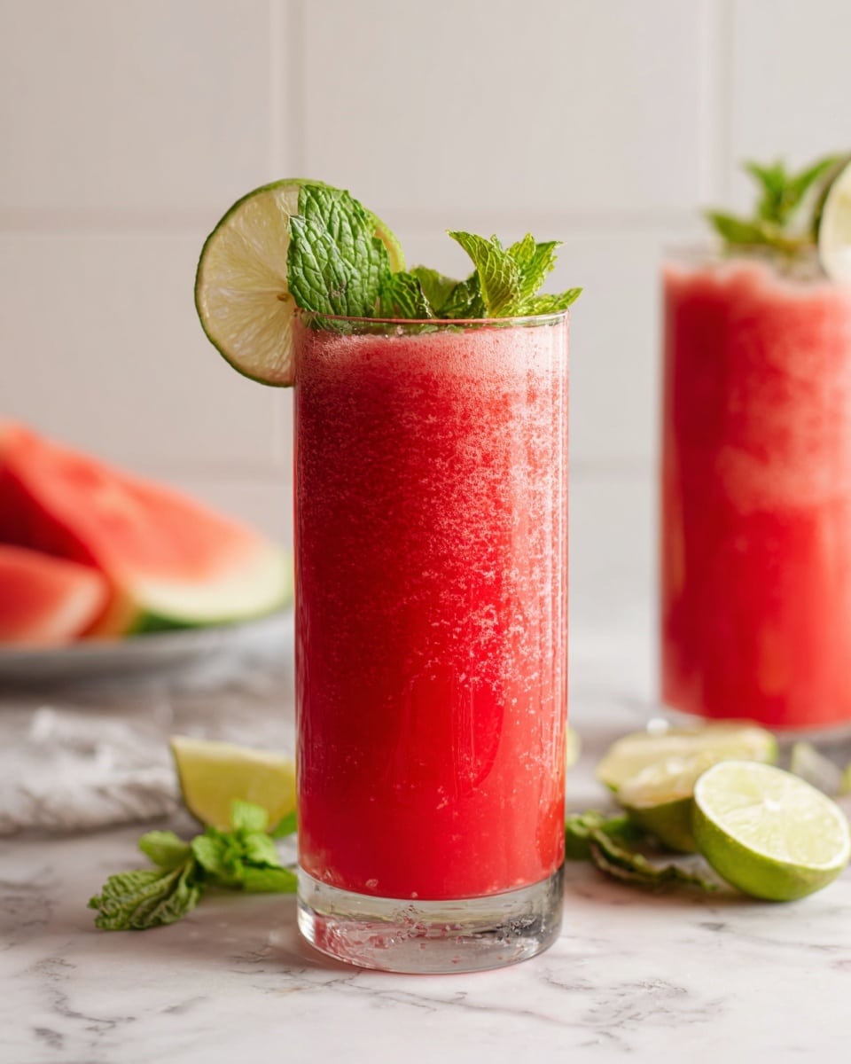 A tall clear glass is filled with bright red watermelon juice being poured from a clear container above it. The juice fills the glass nearly to the top, showing a smooth and slightly frothy texture. Around the glass on a white marbled surface are fresh slices of watermelon with green rinds and pink flesh, halved limes showing yellow-green interiors, a piece of ginger, and a folded light cloth at the corner. The background is softly blurred with light tiles and another glass filled with the same red juice slightly out of focus. Photo taken with an iphone --ar 4:5 --v 7