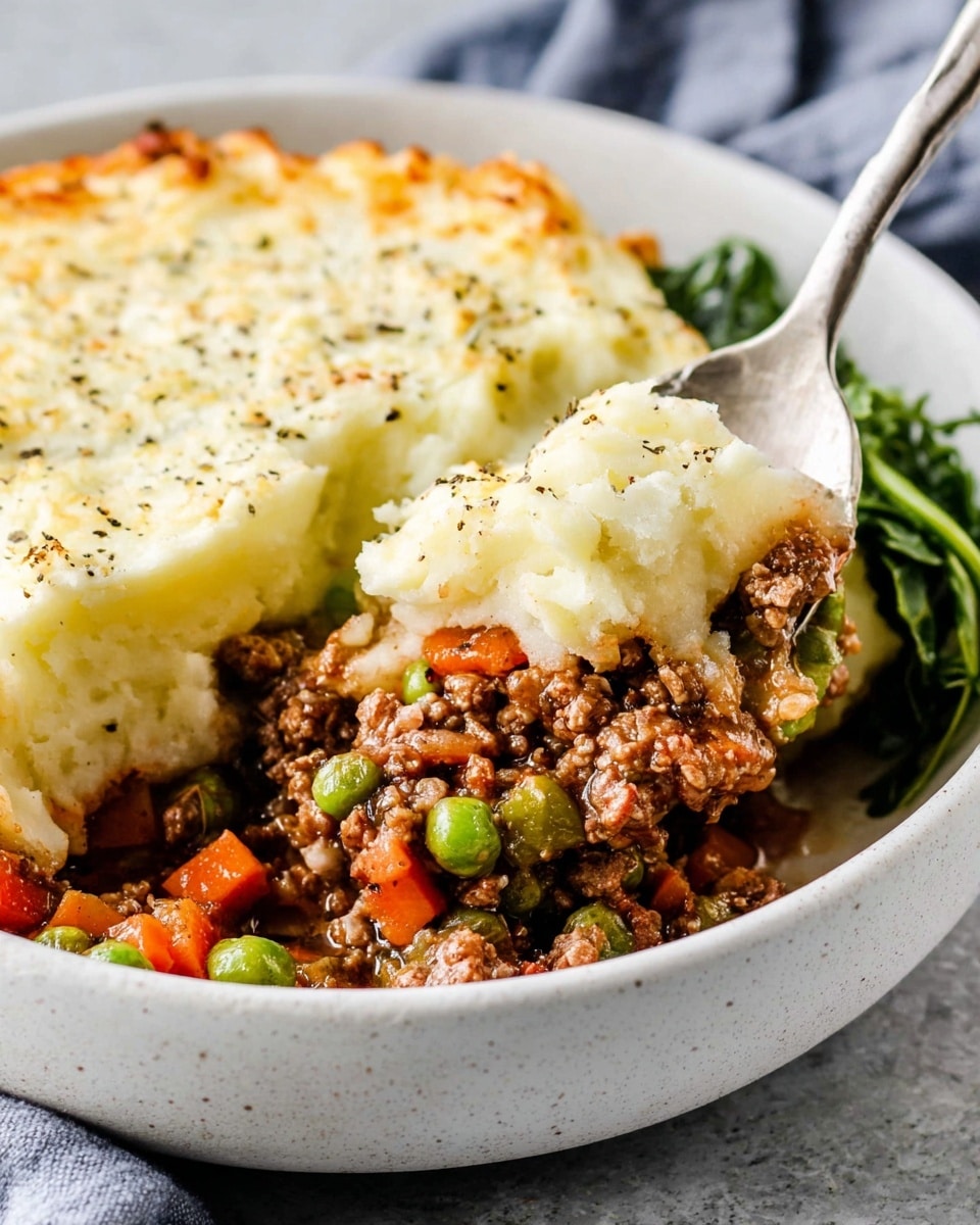 The image shows a close-up of a large spoon lifting a portion of shepherd's pie from a white casserole dish. The dish has two visible layers: a top layer of creamy, slightly browned mashed potatoes with a smooth texture and light golden spots, and a bottom layer of dark brown ground meat mixed with small pieces of orange carrots and green peas, giving a colorful contrast. The edges of the casserole dish show some cooked bits, and the background surface is a white marbled texture with a blurred cloth in the back. Photo taken with an iphone --ar 4:5 --v 7