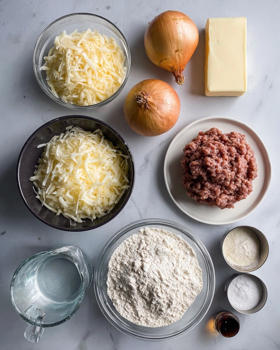 The image shows several cooking ingredients placed neatly on a white marbled surface. There are two whole onions with golden brown skin near the center right. To the right of the onions, ground meat in a reddish-brown color is stacked on a white plate. Above the onions and meat is a stick of pale yellow butter. On the top left, a glass bowl filled with finely grated pale yellow cheese is visible. Below it and slightly to the left is a black bowl filled with a pile of shredded white and yellow cheese. In the bottom left corner is a large clear glass bowl filled with white flour. To the bottom right of this bowl, a clear measuring cup filled with water can be seen. Surrounding the onions and bowls are three small metal cups containing white and off-white powders and granules, and a small bottle with dark liquid inside is also visible. The arrangement is clean and organized, with natural and soft lighting. photo taken with an iphone --ar 4:5 --v 7
