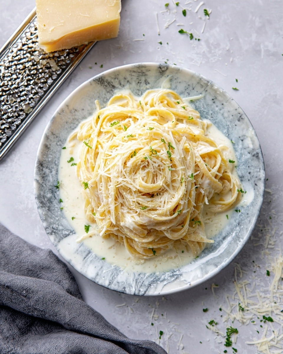 A white plate holds a small mound of light yellow spaghetti pasta in the center, coated with a creamy white sauce that pools slightly around the base. The spaghetti strands are loosely piled in multiple layers, with grated white cheese sprinkled generously on top. Small pieces of green herbs are scattered around the pasta on the plate, adding a touch of color. The plate sits on a white marbled surface, and in the blurred background, there is a block of cheese and some greenery. photo taken with an iphone --ar 4:5 --v 7