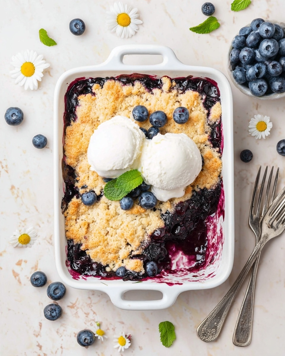 A square white baking dish holds a blueberry cobbler with a golden, crumbly crust covering a dark purple, bubbling blueberry filling that spills slightly over the edges. On top, there are two smooth scoops of white ice cream with a few fresh blueberries and a small green mint leaf placed between them. Around the dish, scattered fresh blueberries, small white daisy flowers, and green mint leaves add color. To the right of the dish, two silver forks lay on the white marbled surface, and a small white bowl filled with blueberries sits in the upper right corner. photo taken with an iphone --ar 4:5 --v 7