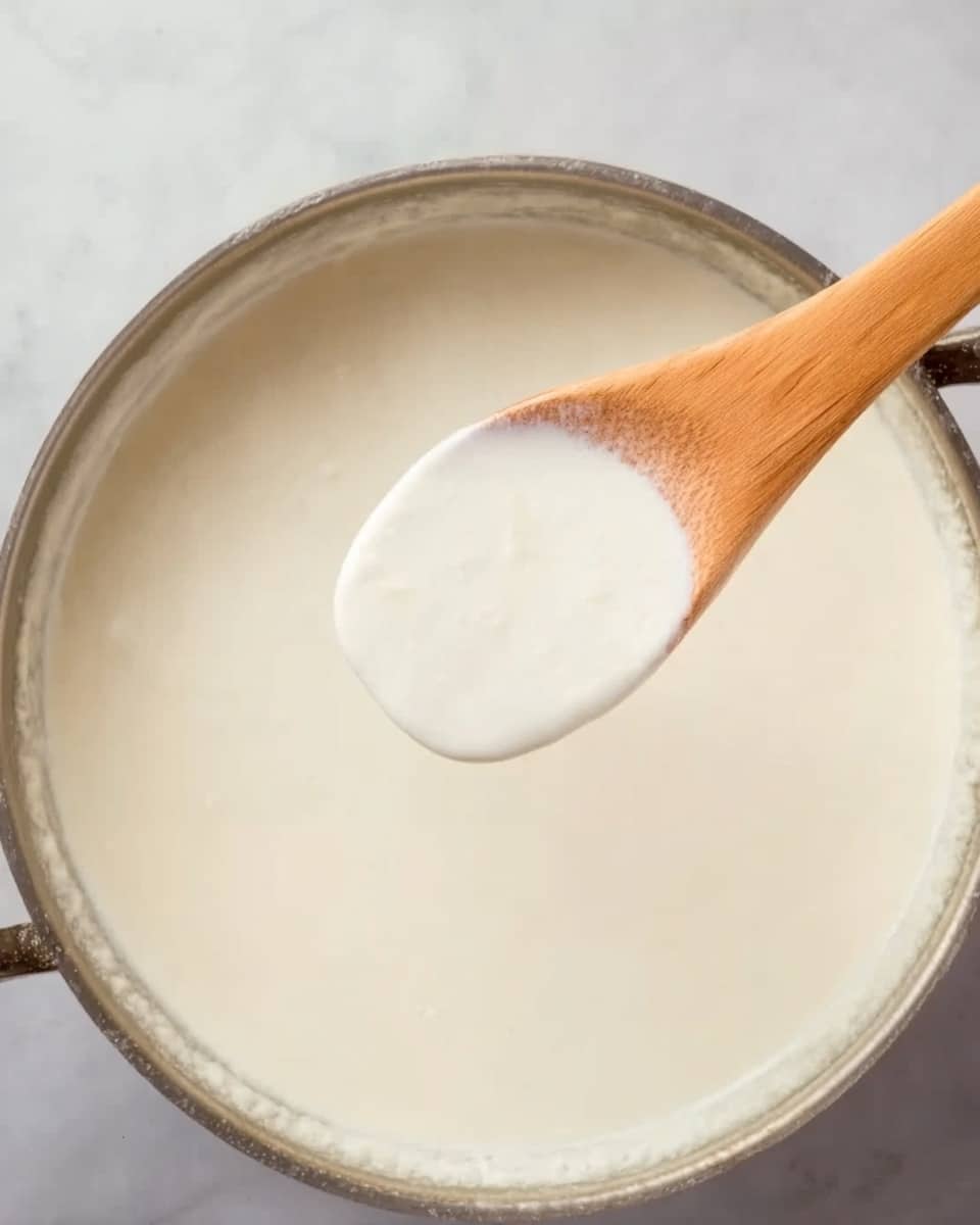The image shows a close-up of a wooden spoon holding a smooth white creamy liquid, lifted above a large pot filled with the same white creamy mixture. The pot is silver and placed on a white marbled surface. The wooden spoon has a natural light brown color and a curved texture, contrasting softly with the white liquid. The creamy liquid looks thick and evenly mixed without lumps or bubbles. Photo taken with an iphone --ar 4:5 --v 7