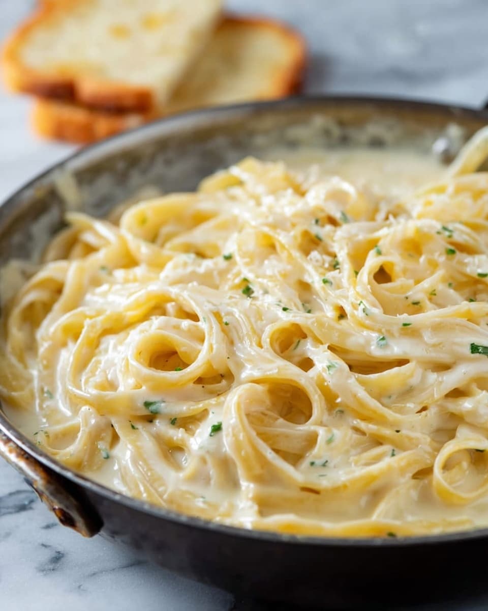 A close-up view of a pot filled with creamy white sauce and fettuccine pasta, with long flat noodles coated in a smooth, thick sauce. The pasta is twisted and lifted in the center by silver tongs, showing glossy, pale yellow strands with specks of green herbs scattered on both the pasta and sauce. The pot edges are silver, and the background is a white marbled texture. photo taken with an iphone --ar 4:5 --v 7