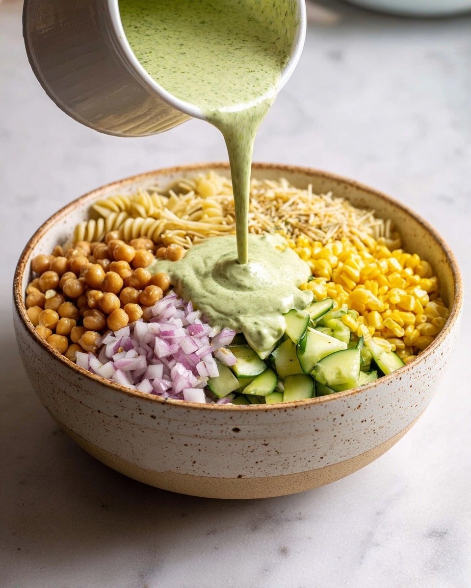 In a large speckled beige bowl on a white marbled surface, there are five main layers arranged side by side in a circular pattern: light brown chickpeas, finely chopped red onions, bright yellow corn kernels, light beige cooked rotini pasta, and fresh chopped green cucumber pieces with darker green skin. A creamy green sauce with specks is being poured from a white bowl above, creating a thick stream that lands in the center of the bowl, covering the middle part of the layered ingredients. A woman's hand holds the bowl pouring the sauce. Photo taken with an iphone --ar 4:5 --v 7