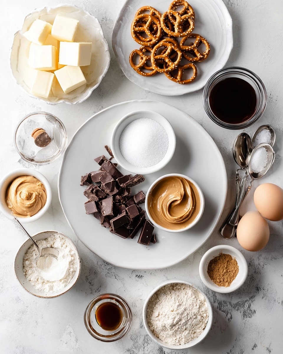 The image shows a white round plate in the center on a white marbled surface, holding a small white bowl with white sugar, a small white bowl with salt, and a white cup filled with dark chopped chocolate scattered around it. Around the plate, starting from the top, there is a white plate with thick white butter cubes, a small bowl filled with pretzels, a broken white eggshell next to a whole white egg, a small white dish with dark brown vanilla extract, a small white bowl with creamy peanut butter, a small white bowl filled with brown sugar, and a white bowl with flour. A few silver measuring spoons with a small amount of salt rest on the edge of the central plate. photo taken with an iphone --ar 4:5 --v 7