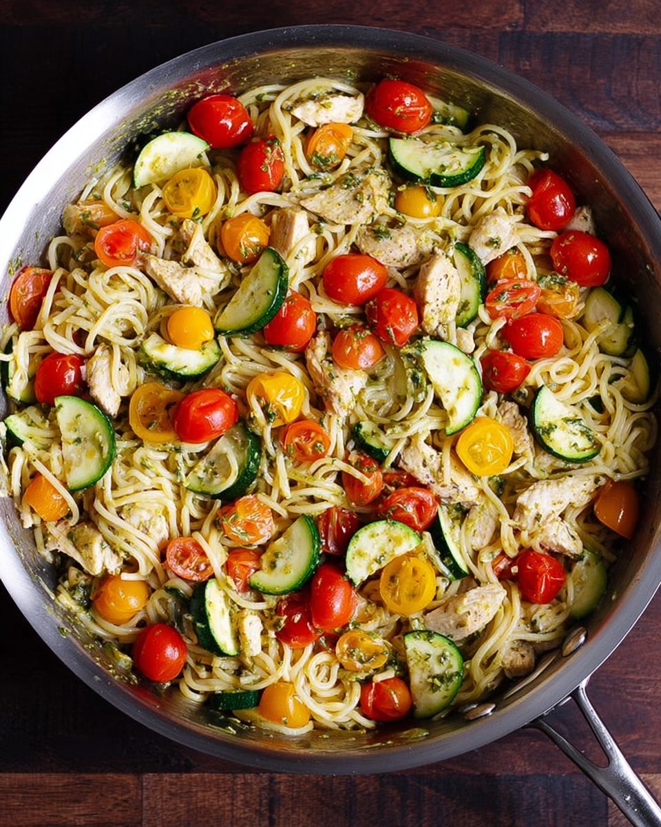 The image shows a silver pan full of cooked spaghetti mixed with small pieces of white chicken, halved red and yellow cherry tomatoes, and green zucchini slices. The chicken pieces have a light herb seasoning, giving them a slight greenish tint. The spaghetti is a pale golden color and is spread evenly throughout the pan. The cherry tomatoes are bright and shiny, some slightly softened, while the zucchini slices are tender with a light sear on the edges. The pan sits on a dark wooden surface. photo taken with an iphone --ar 4:5 --v 7