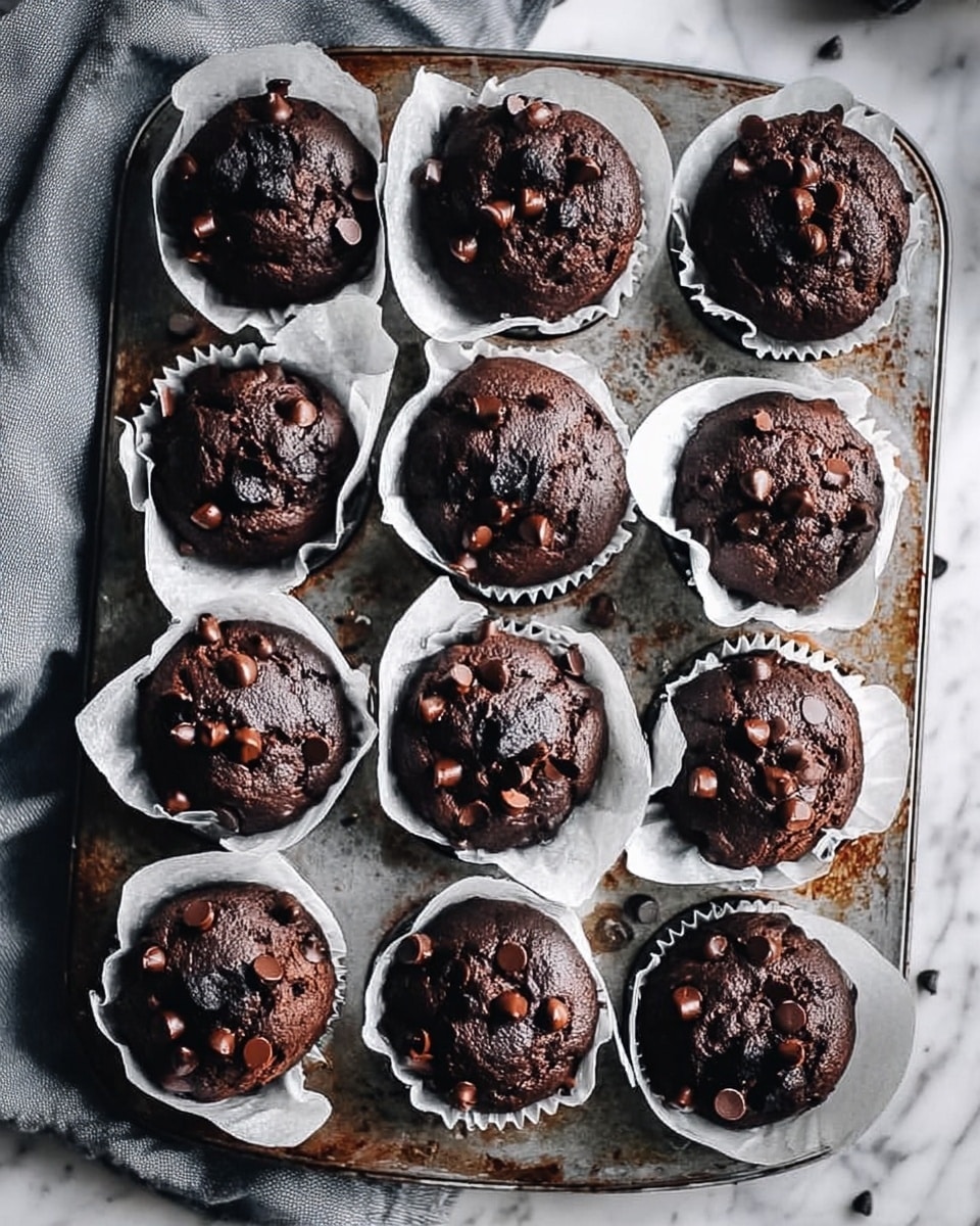 The image shows a close-up of a chocolate muffin broken in half, placed inside white parchment paper that is crinkled up around the edges. The muffin has a soft, dark brown, and moist texture with small pockets of melted chocolate visible throughout. The muffin sits in a metal tray with a slightly worn look, and a second chocolate muffin wrapped similarly in white parchment paper is partially visible below. The background is a white marbled texture with soft lighting highlighting the rich colors and textures of the chocolate muffin photo taken with an iphone --ar 4:5 --v 7