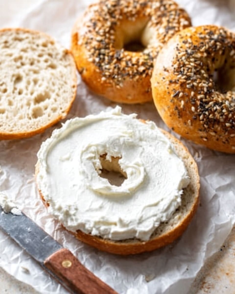 The image shows six round bagels with a golden brown top, five of them topped with a mix of black and white sesame seeds, and one plain. One bagel is sliced open; the bottom half is plain with a soft and fluffy texture, while the top half is spread thickly with white cream cheese. The bagels rest on crinkled white parchment paper placed on a wooden board over a white marbled surface. A knife with a brown handle lies next to the sliced bagel, and a white bowl filled with cream cheese with a silver spreader inside sits at the bottom right corner. Photo taken with an iphone --ar 4:5 --v 7