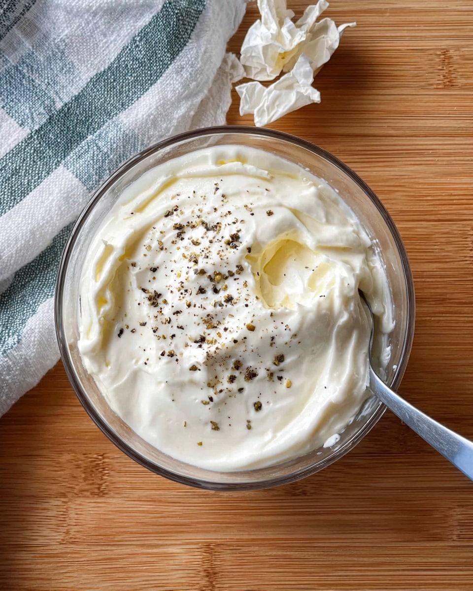A clear glass bowl holds one thick layer of smooth white cream with a soft, whipped texture. The top is lightly sprinkled with coarse black pepper flakes, adding contrast on the cream’s surface. A metal spoon rests inside the bowl, partially immersed in the cream with some cream gathered on it. In the upper left corner, there are a few crumpled light beige papery pieces, and a towel with white, blue, and green stripes is partially visible at the bottom left corner. Everything is set on a wooden surface. photo taken with an iphone --ar 4:5 --v 7