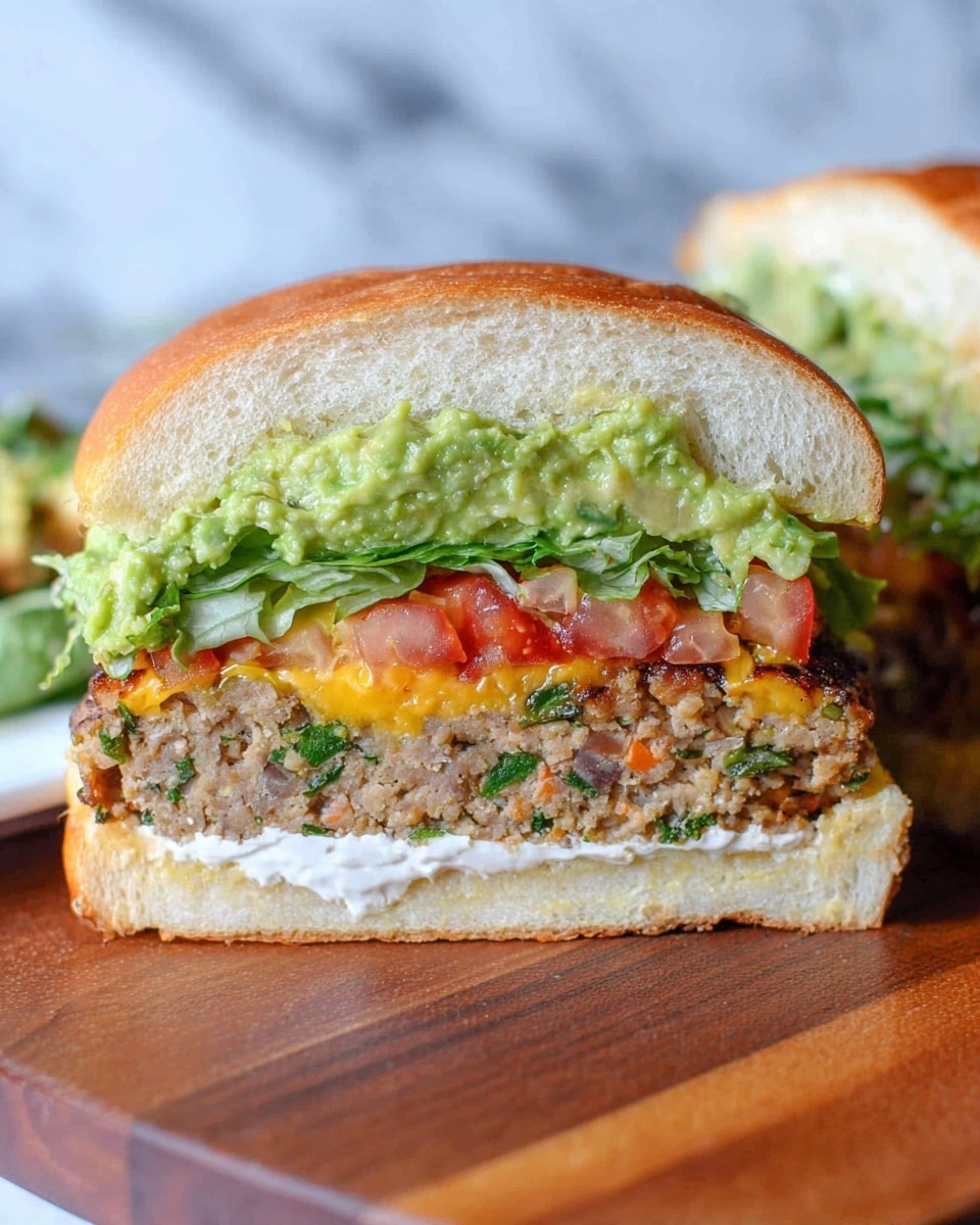 A close-up of a sandwich cut in half showing five distinct layers: at the bottom, a white sandwich bun with a spread of white creamy sauce; next a layer of green lettuce and two slices of red tomato; above that, a thick patty with a brown, slightly crispy texture mixed with green herbs; melted yellow cheese oozing slightly on top of the patty; and finally, a thick layer of green guacamole under the soft golden-brown top bun. The sandwich is placed on a wooden surface with a white marbled texture in the background. Photo taken with an iphone --ar 4:5 --v 7