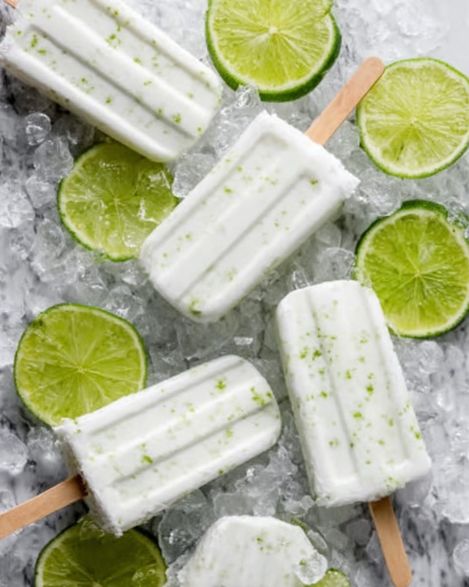 The image shows five white popsicles with green specks on them, lying on crushed ice. Around the popsicles, there are several slices of bright green lime placed randomly. The crushed ice has a clear, icy texture that contrasts with the smooth and creamy look of the popsicles. The popsicles have wooden sticks at the bottom, and the whole scene is on a white marbled surface. photo taken with an iphone --ar 4:5 --v 7