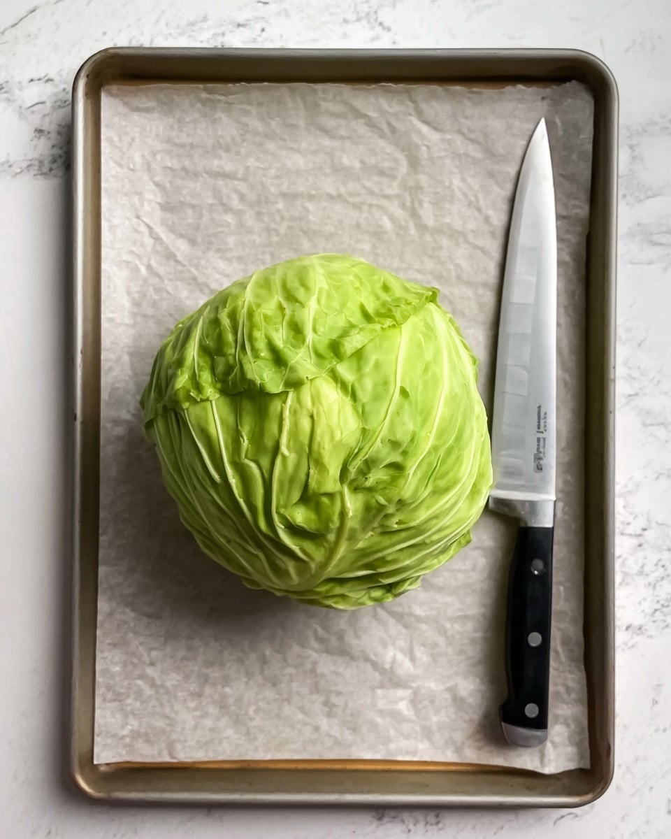 A fresh whole green cabbage with tightly packed, smooth leaves sits centered on a baking tray lined with parchment paper. To the right of the cabbage lies a large knife with a shiny silver blade and a black handle. The tray rests on a white marbled surface, creating a clean and bright background. Photo taken with an iphone --ar 4:5 --v 7
