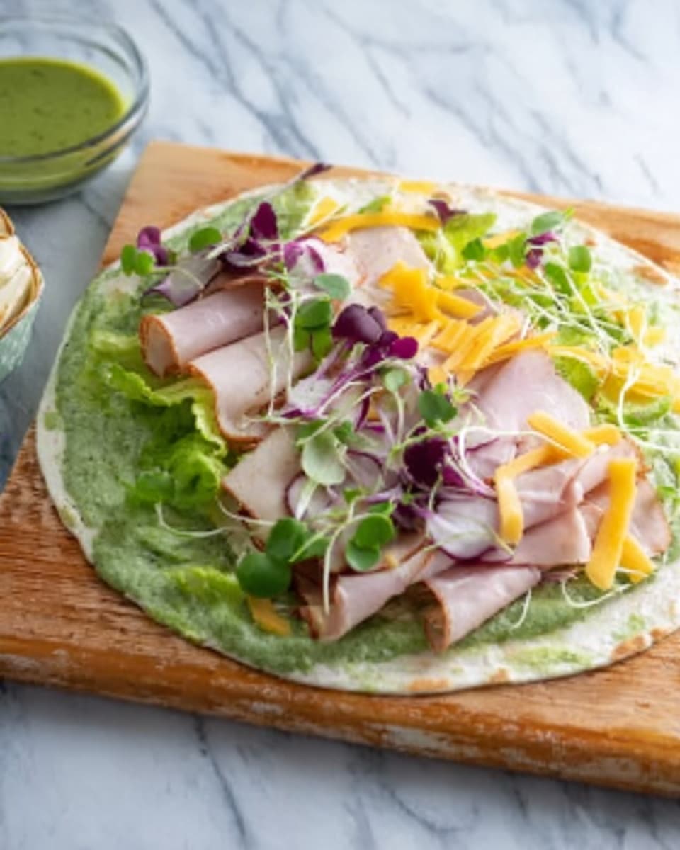 The image shows a flat wrap on a wooden board with a spread of green leafy sauce covering the base. On top, there is a layer of thinly sliced pale pink deli meat arranged evenly. Above the meat, there are mixed purple and green microgreens scattered, along with thin slices of light orange cheese and some slices of red onion. On one side of the wrap, there are fresh green lettuce leaves and a drizzle of yellow mustard on top. The scene is set on a white marbled surface with a small bowl of green sauce in the background. Photo taken with an iphone --ar 4:5 --v 7