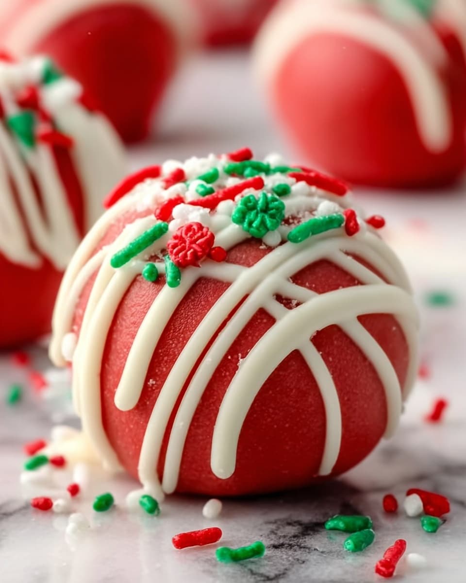 A close-up of a single round red cake ball decorated with white frosting drizzled in thin lines on top, sprinkled with red, white, and green sugar sprinkles shaped like rods and small flowers, sitting on a white marbled surface with blurred red and green objects in the background. Photo taken with an iphone --ar 4:5 --v 7