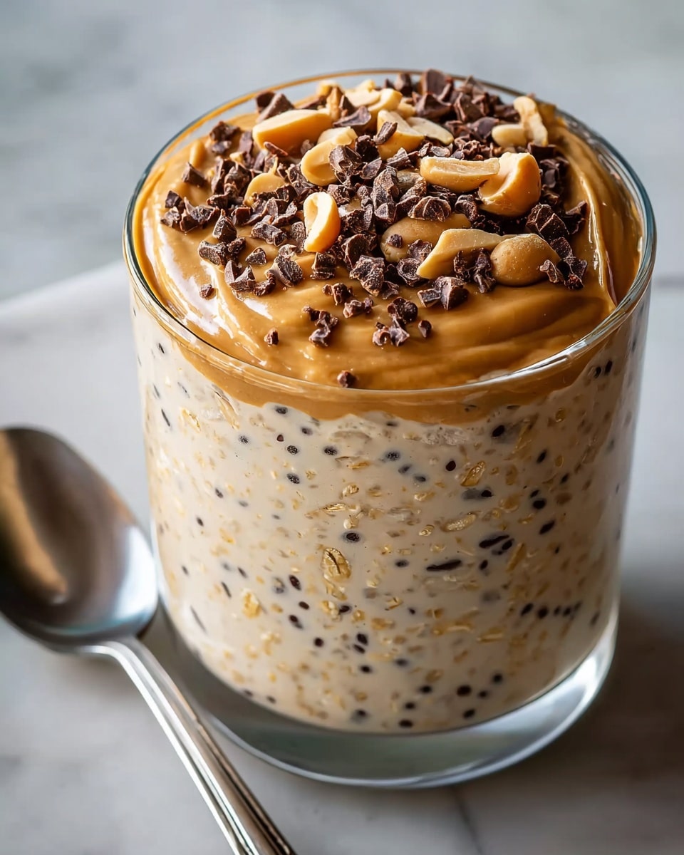 A clear glass filled with two main layers: the bottom layer is creamy oatmeal mixed with tiny dark chocolate bits, showing a speckled beige and dark pattern. On top, there is a smooth, thick layer of light brown peanut butter spread evenly. The peanut butter layer is sprinkled with chopped roasted peanuts and dark chocolate chips, adding texture and color contrast. The glass sits on a white marbled surface with a silver spoon placed next to it. photo taken with an iphone --ar 4:5 --v 7
